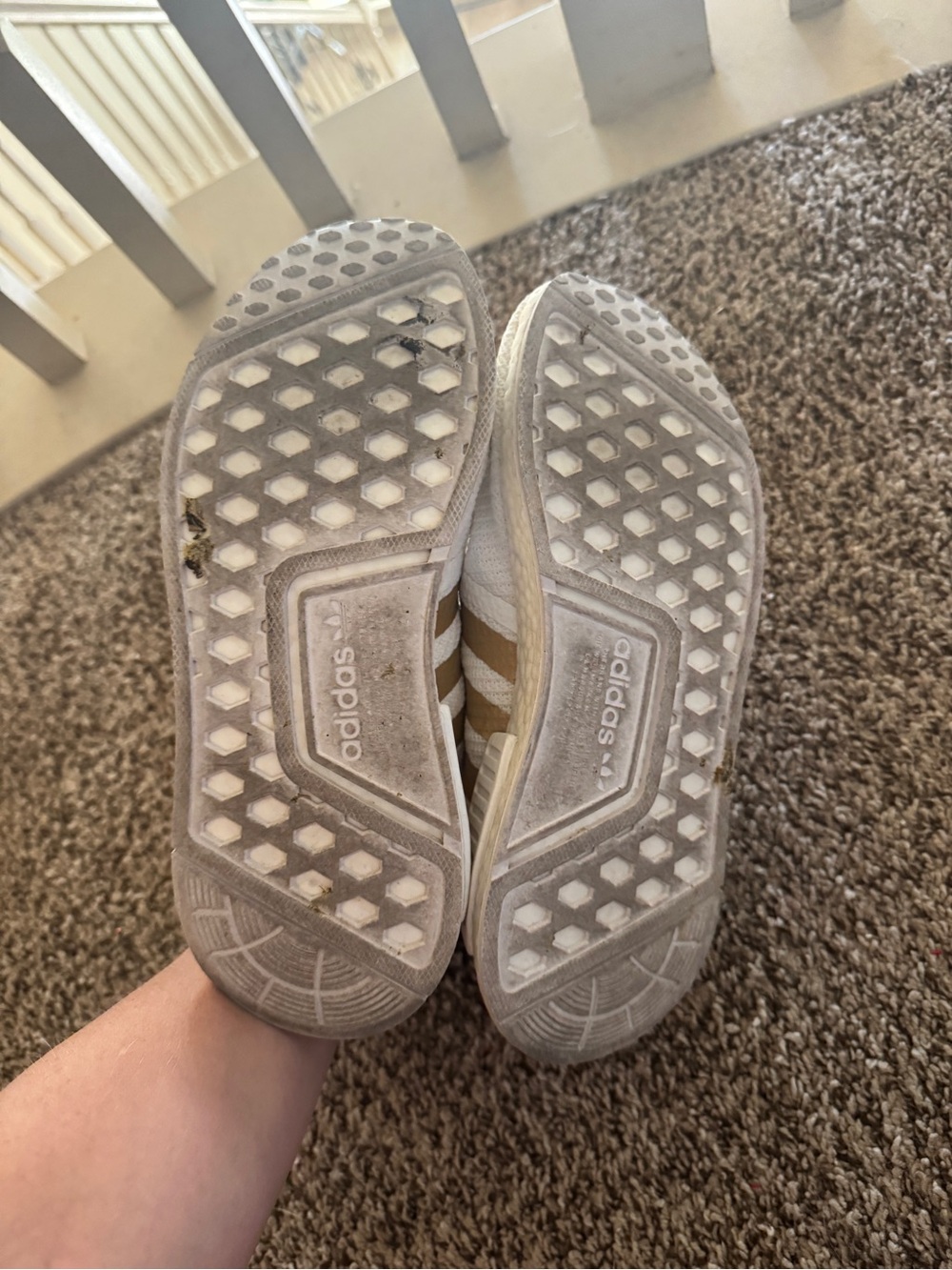 adidas NMD R1 White Sneakers with Gold metallic Accent Stripes - Picture 3 of 6